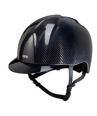 CASCO E-LIGHT DE CARBONO PULIDO AZUL Y NEGRO / VISERA AZUL METALIZADA Y PARRILLA DE ACERO INOXIDABLE