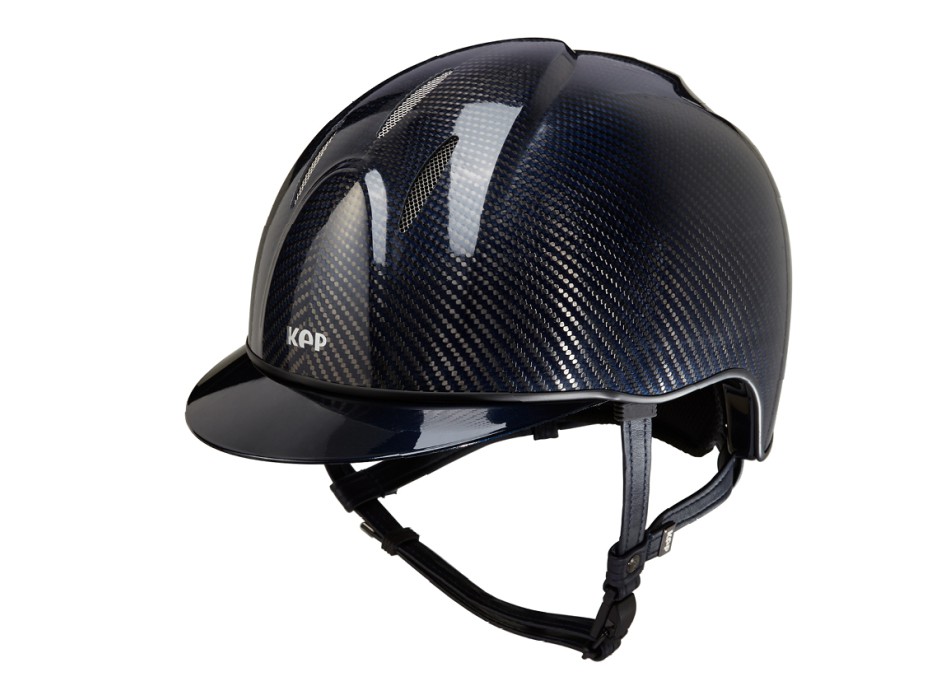 CASCO E-LIGHT DE CARBONO PULIDO AZUL Y NEGRO / VISERA AZUL METALIZADA Y PARRILLA DE ACERO INOXIDABLE