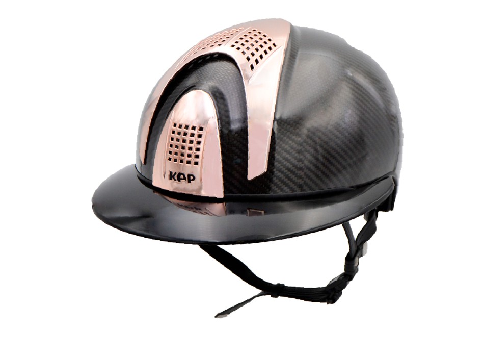 CASCO E-LIGHT DE CARBONO NEGRO BRILLANTE CON VISERA POLO NEGRO BRILLANTE Y 3 INSERCIONES EN ORO ROSA