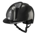 CASCO E-LIGHT DE CARBONO NEGRO BRILLANTE CON VISERA NEGRA METALIZADA Y 3 INSERCIONES NEGRAS METALIZADAS