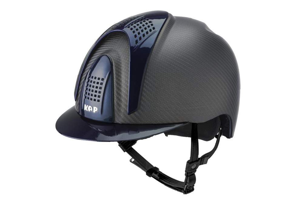 CASCO E-LIGHT CARBONO NEGRO MATE CON VISERA AZUL METALIZADO Y 3 INSERCIONES AZUL METALIZADO