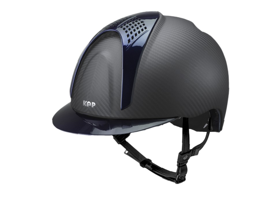 CASCO E-LIGHT CARBONO NEGRO MATE CON VISERA AZUL METALIZADO Y 2 INSERCIONES AZUL METALIZADO