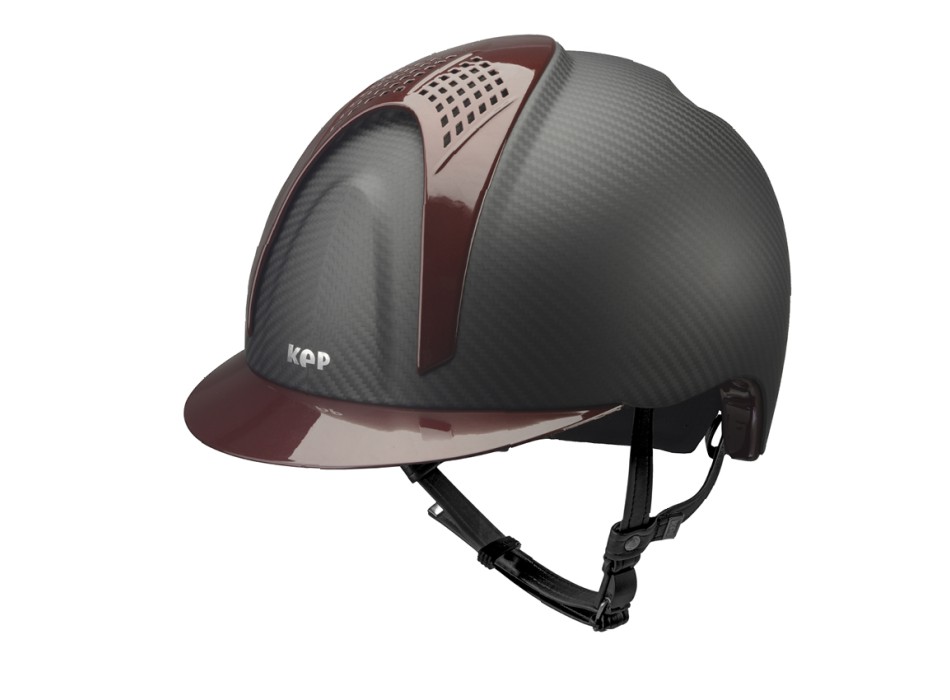 CASCO E-LIGHT CARBONO NEGRO MATE CON VISERA METALIZADA BURDEOS Y 2 INSERCIONES METALIZADAS BURDEOS