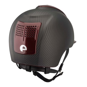 CASCO E-LIGHT CARBONO NEGRO MATE CON VISERA METALIZADA BURDEOS Y 3 INSERCIONES METALIZADAS BURDEOS