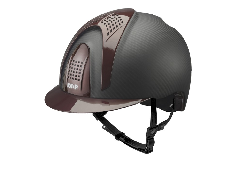 CASCO E-LIGHT CARBONO NEGRO MATE CON VISERA METALIZADA BURDEOS Y 3 INSERCIONES METALIZADAS BURDEOS