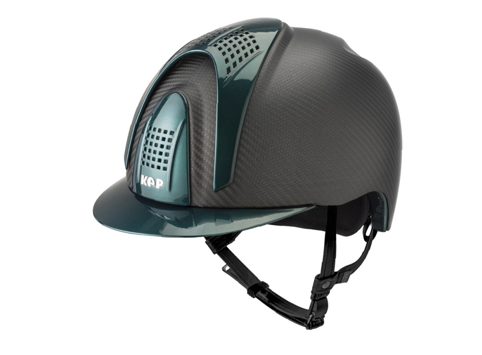 CASCO E-LIGHT CARBONO NEGRO MATE CON VISERA VERDE METALIZADO Y 3 INSERCIONES VERDE METALIZADO