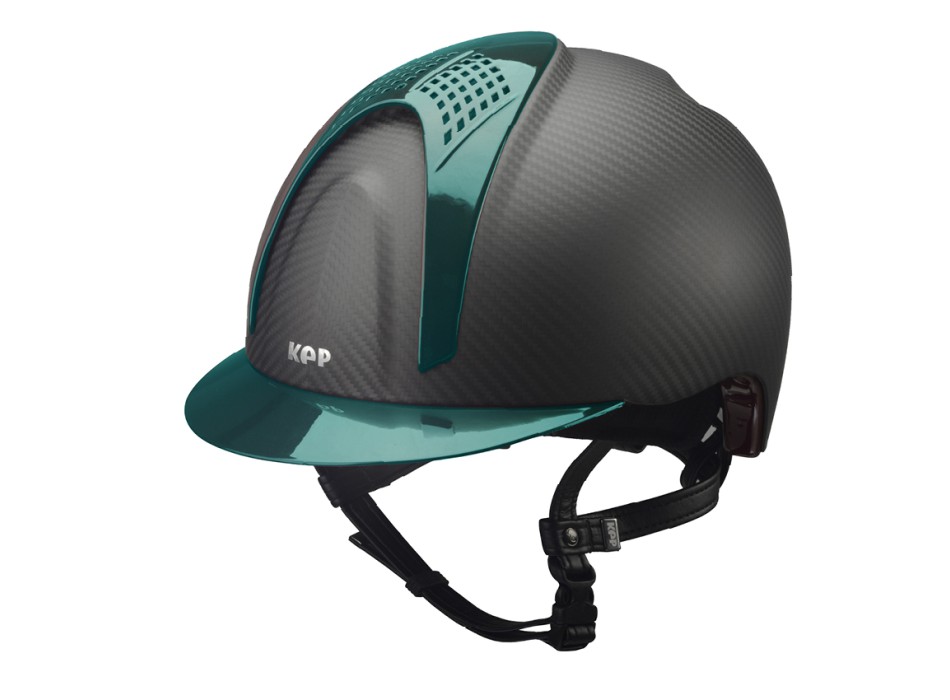 CASCO E-LIGHT CARBON NEGRO MATE CON VISERA VERDE METALIZADO Y 2 INSERCIONES VERDE METALIZADO