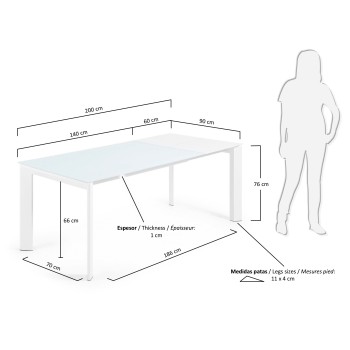 Mesa extensible Axis en cristal blanco y patas de cristal blanco 200cm