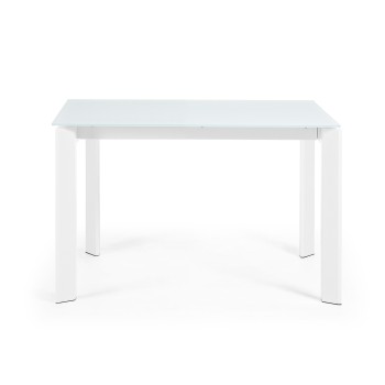 Mesa extensible Axis en cristal blanco y patas de cristal blanco.