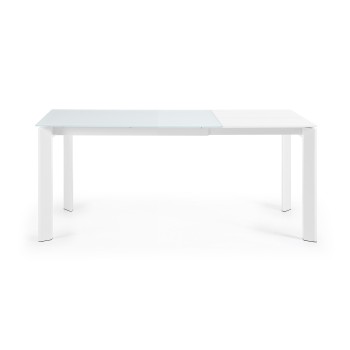 Mesa extensible Axis en cristal blanco y patas de cristal blanco.