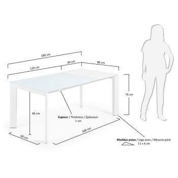 Mesa extensible Axis en cristal blanco y patas de cristal blanco.