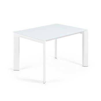 Mesa extensible Axis en cristal blanco y patas de cristal blanco.