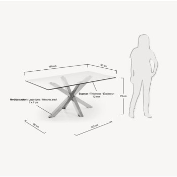 Mesa Argo de cristal y patas de acero inoxidable 160 cm.