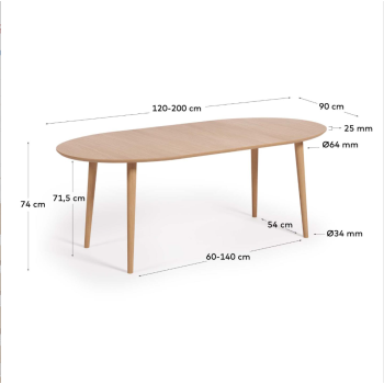 Mesa extensible ovalada Oqui chapada en roble Ø120