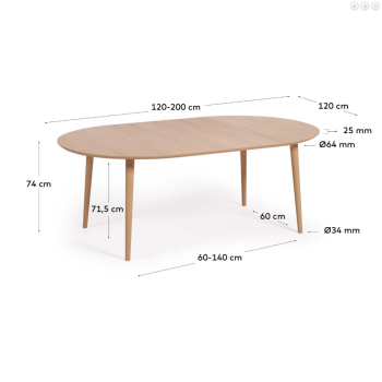 Mesa extensible redonda Oqui chapada en roble Ø120